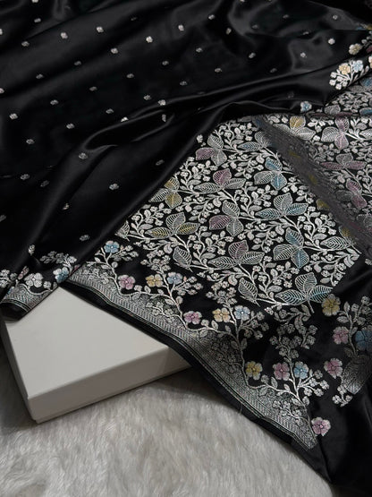 Black Shades Minakari Floral Border Booti Mashru Silk Saree MS75