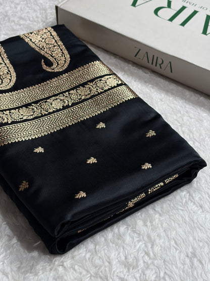Banarasi Satin Katan Saree With Booti Pattern in Black Shades SK125