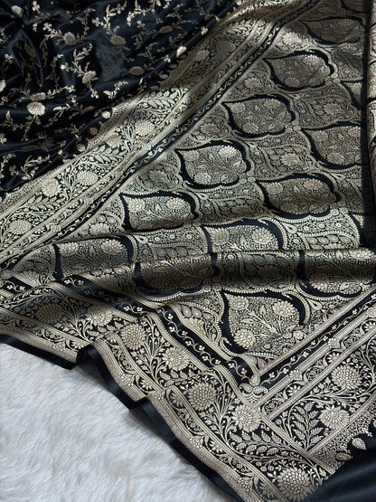 Black Banarasi Jaal Katan Silk Saree SKM37