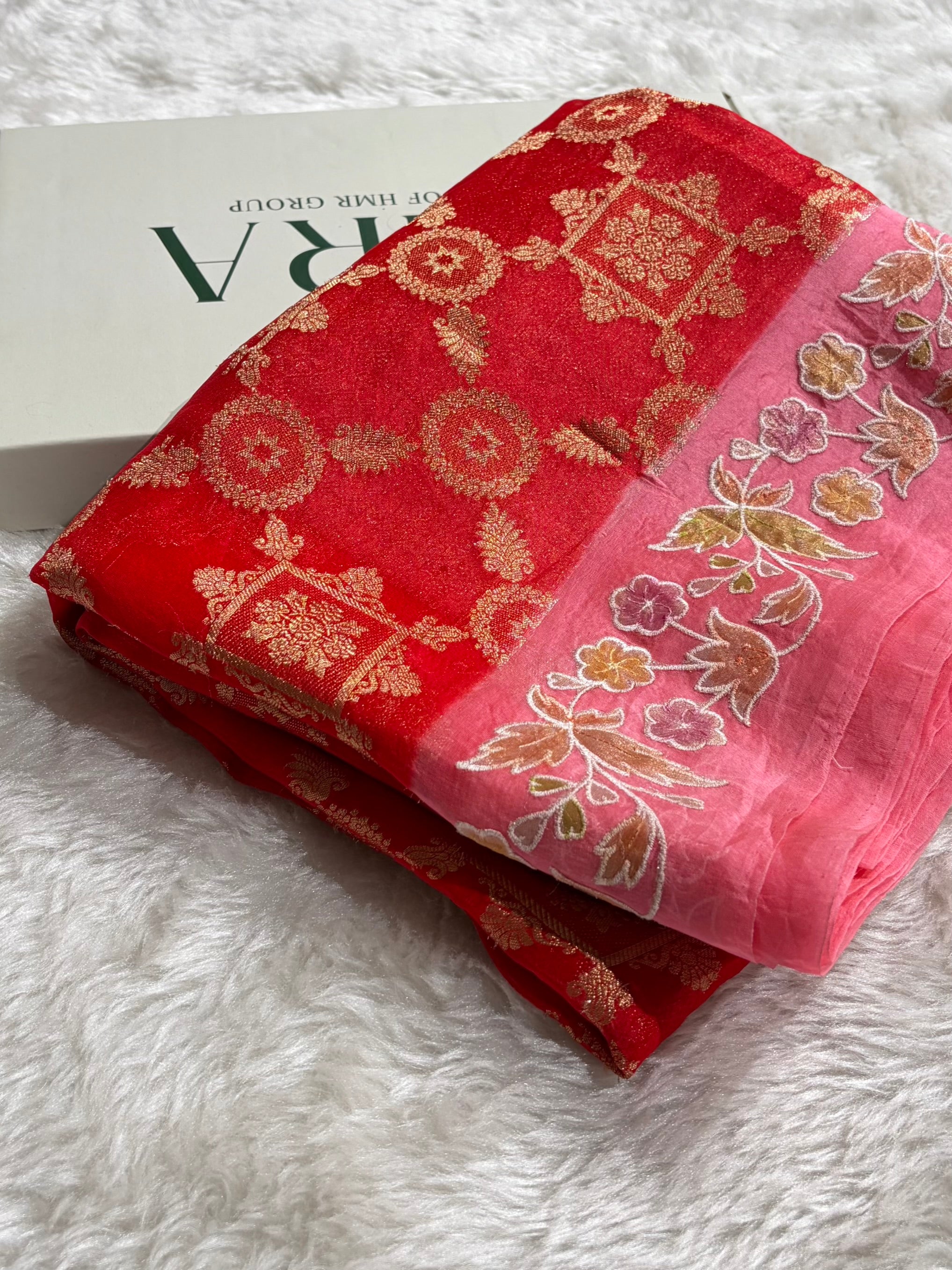 Banarasi Pure Organza Contrast Red With Baby Pink Shades Banarasi Silk Saree PO-38