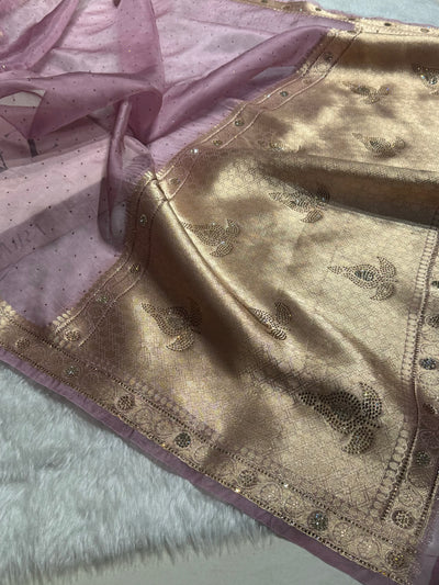 Dusty Lavender Shades Bananasi Birdal Pure Oragnza Saree with Swarovski Work and Brocade Blouse BPO-44