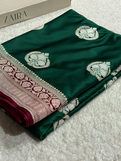 Banarasi Contrast Bottle Green  With Garnet Minakari Boota Mashru Silk Saree MS35