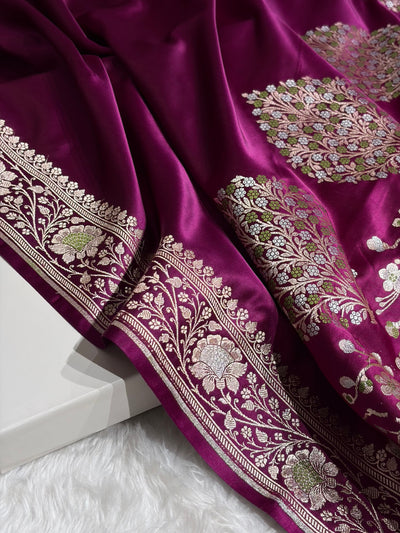 Wine Shades Banarasi With Plain Minakari Broder Pattern Mashru Silk Saree MSM-135