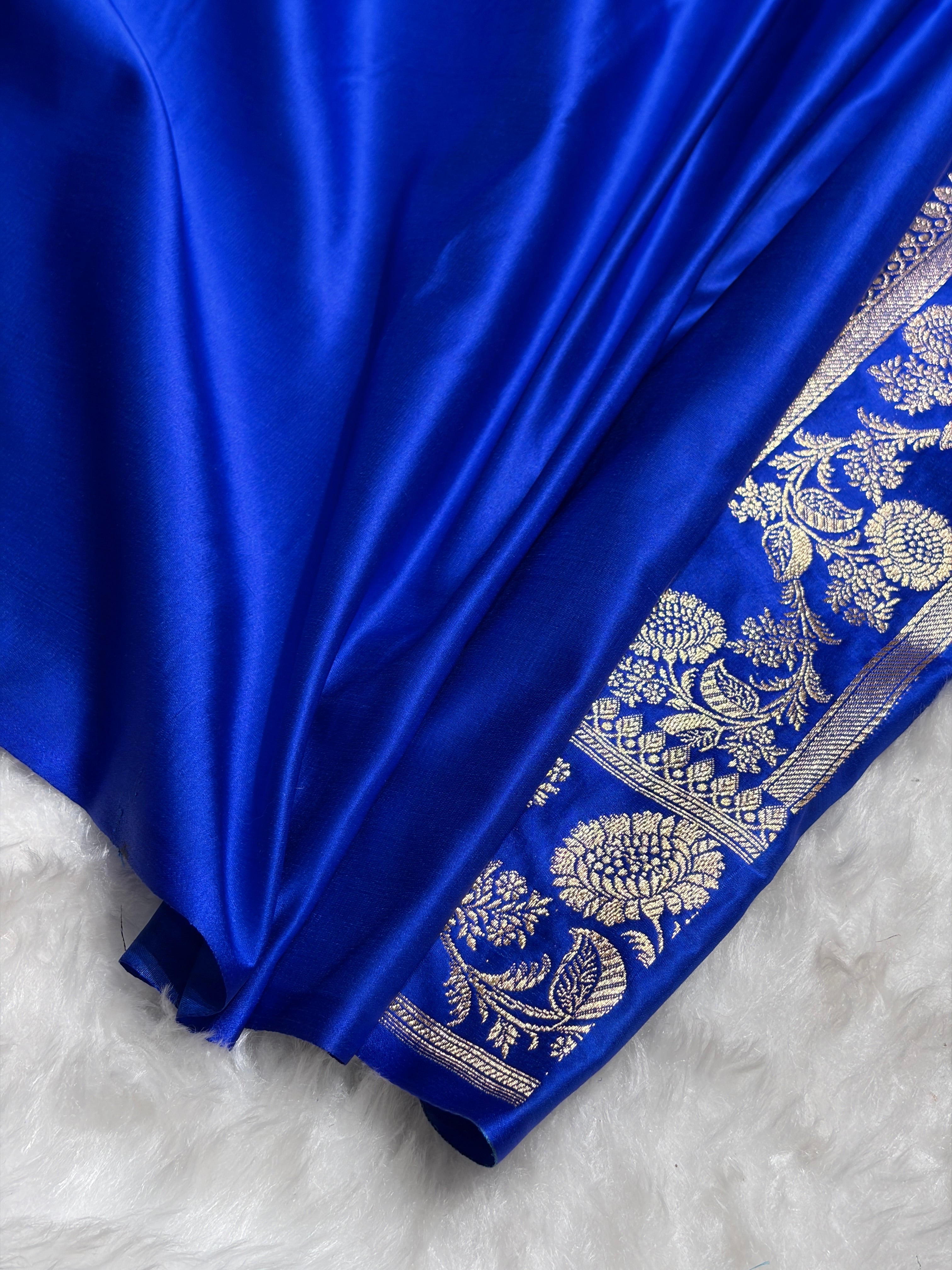 Royal Blue Floral Pattern Satin Katan Silk Saree SK77