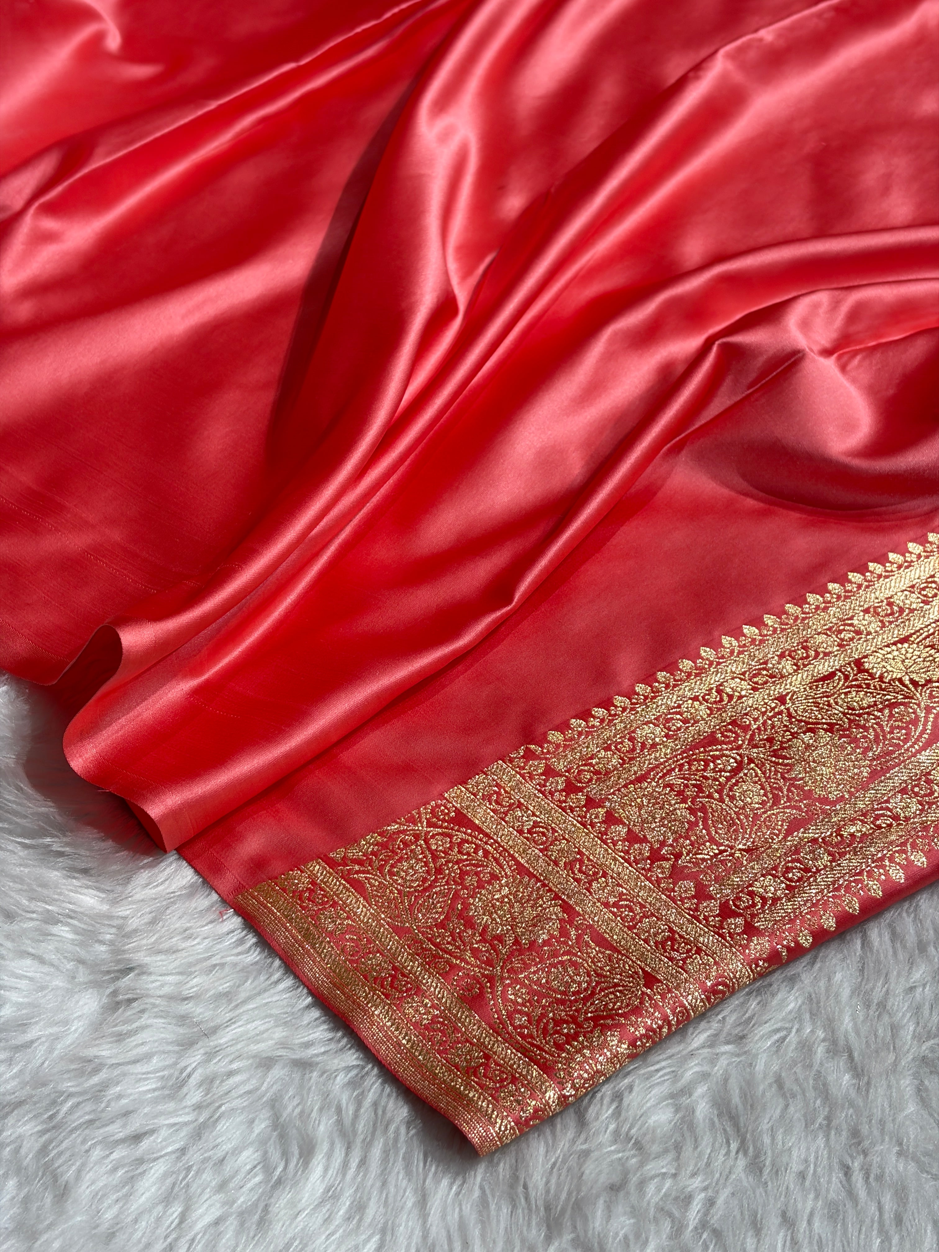 Strawberry Shades Floral Jaal Pattern Satin Katan Silk saree SK55