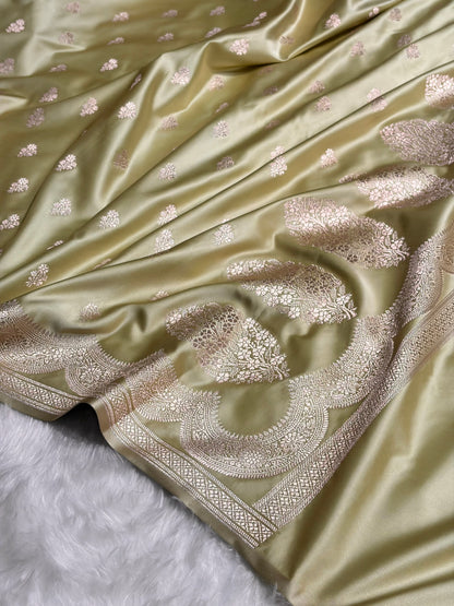 Pista Scallop Booti Mashru Silk Banarasi Saree MSM-35
