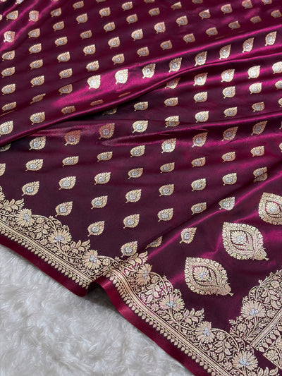 Banarasi Wine Shades Minakari Booti Pattern Banarasi Satin Silk Saree SS60