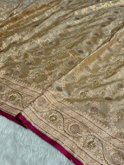 Beige Jaal With Banarasi Swarovski and Zardozi Work Pattern Satin Katan Silk Saree BSK25