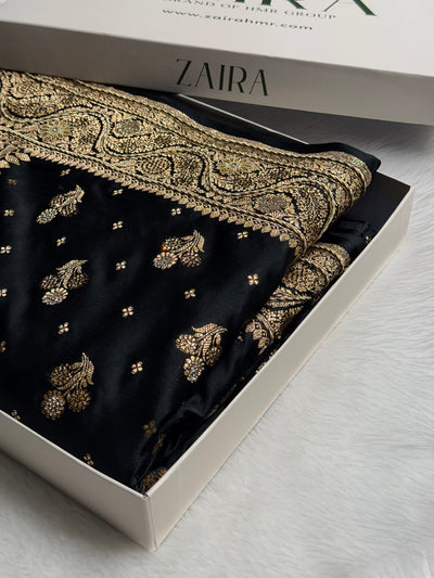 Black Satin Katan Silk Saree with Zardozy work BSK157