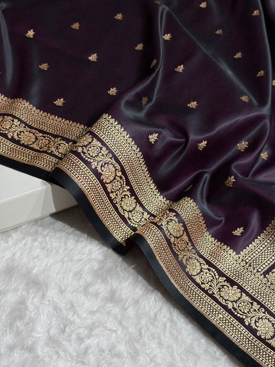 Banarasi Satin Katan Saree With Booti Pattern in Dark Wine Shades SK125