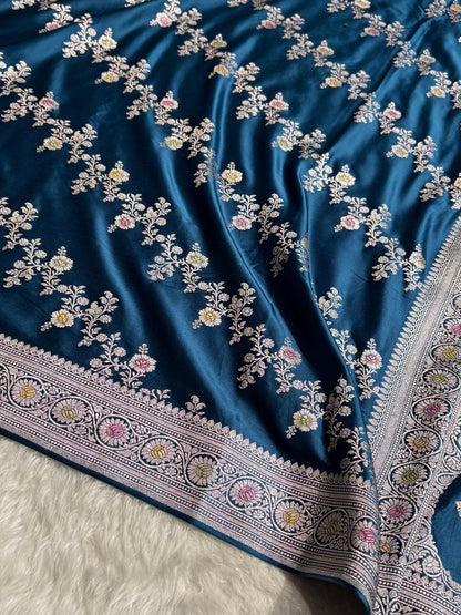 German Blue Minakari Cross Pattern Mashru Silk Saree MCS01