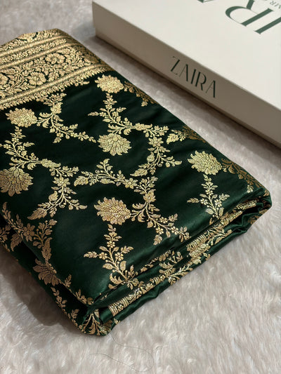 Banarasi Satin Katan Saree Floral Jaal Pattern in Dark Bottle Green Shades SK144