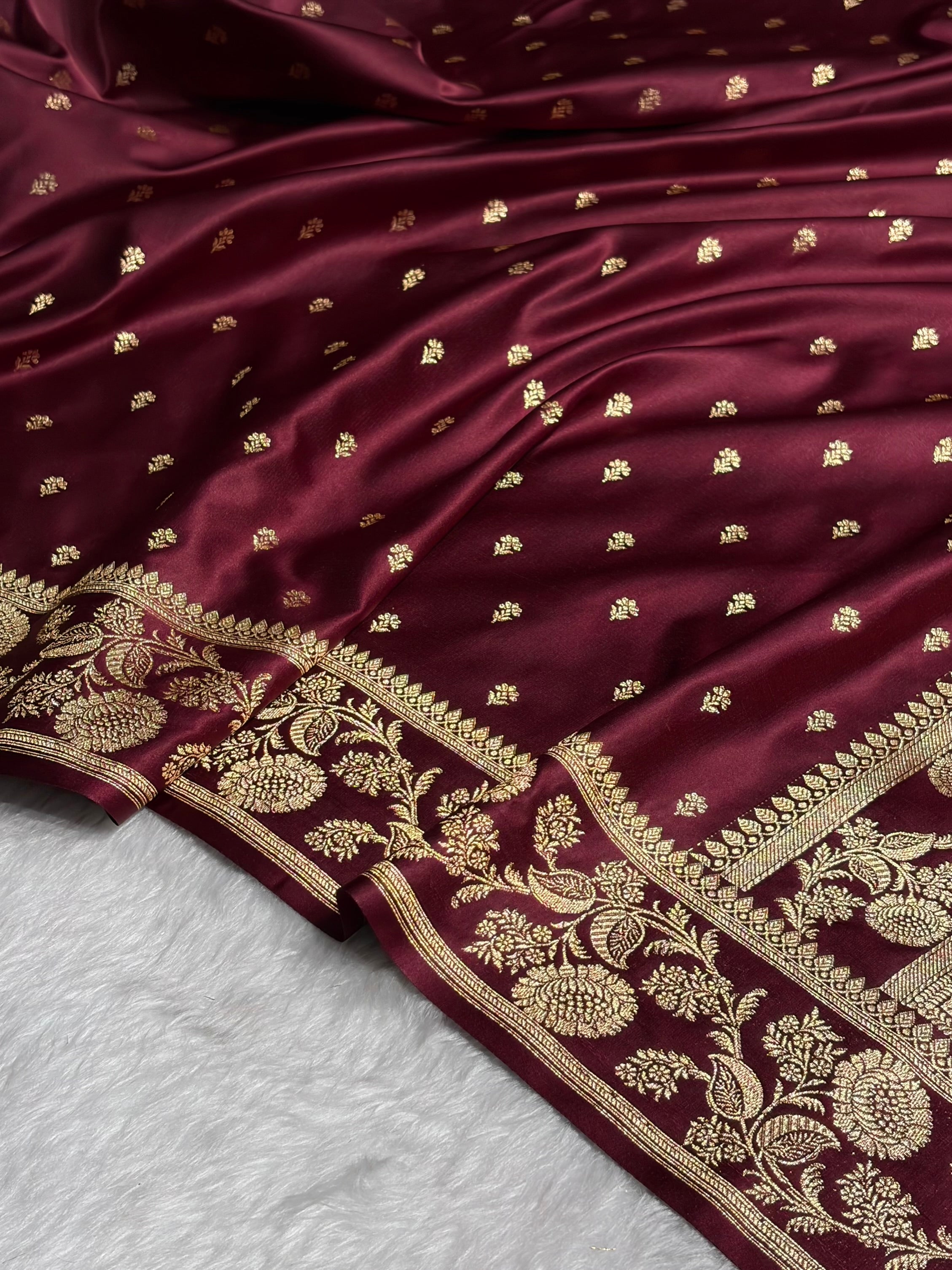 Chocolate Shades Floral Pattern Satin Katan Silk Saree SK77