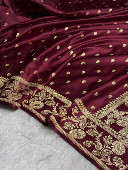 Chocolate Shades Floral Pattern Satin Katan Silk Saree SK77