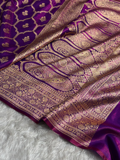 Cross Purple Shades Jaal Pattern Banarasi Satin Silk Saree SS57