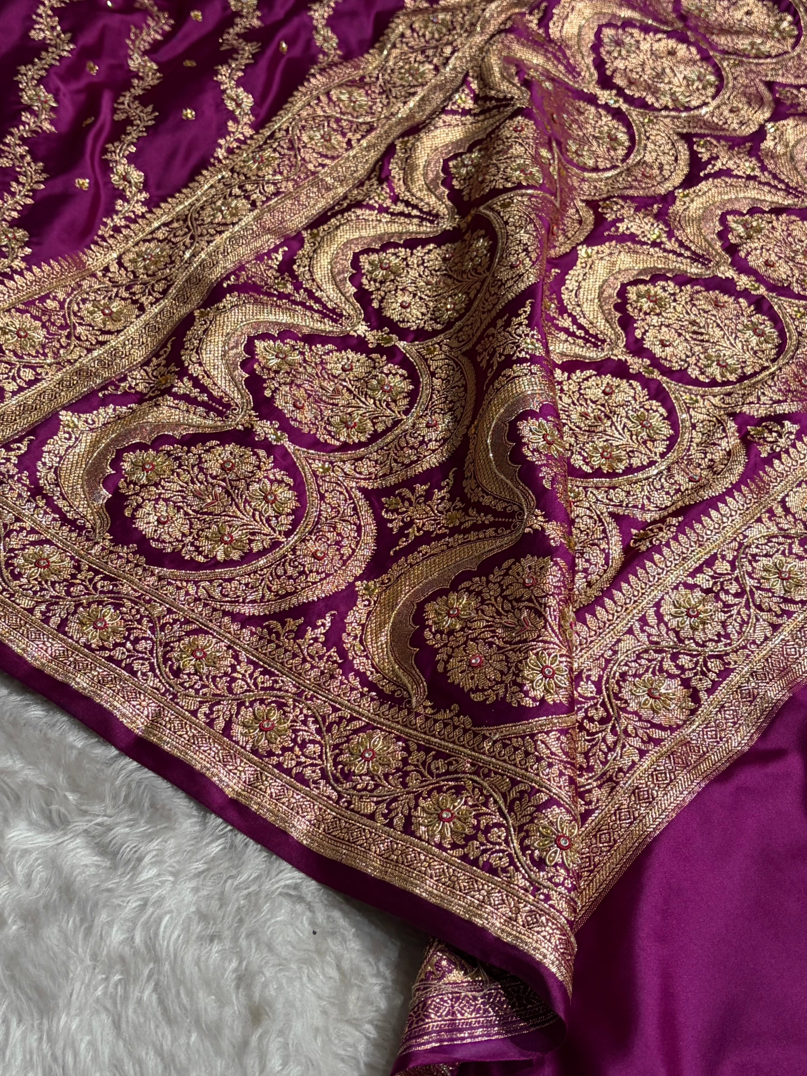 Banarasi Satin Katan Saree With Ari & Zardozi Work Boota in Wine Shades BSK108