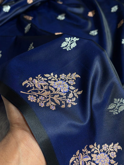 Navy Blue Shades Banarasi With Floral Border Mashru Silk Saree MSM-126