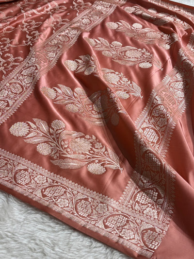 Peach Shades Banarasi With Floral Jaal Pattern Mashru Silk Saree MSM-134