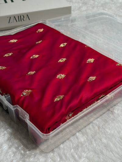 Banarasi Bridal Cross Red Work Pattern Satin Katan Silk Saree BSK82