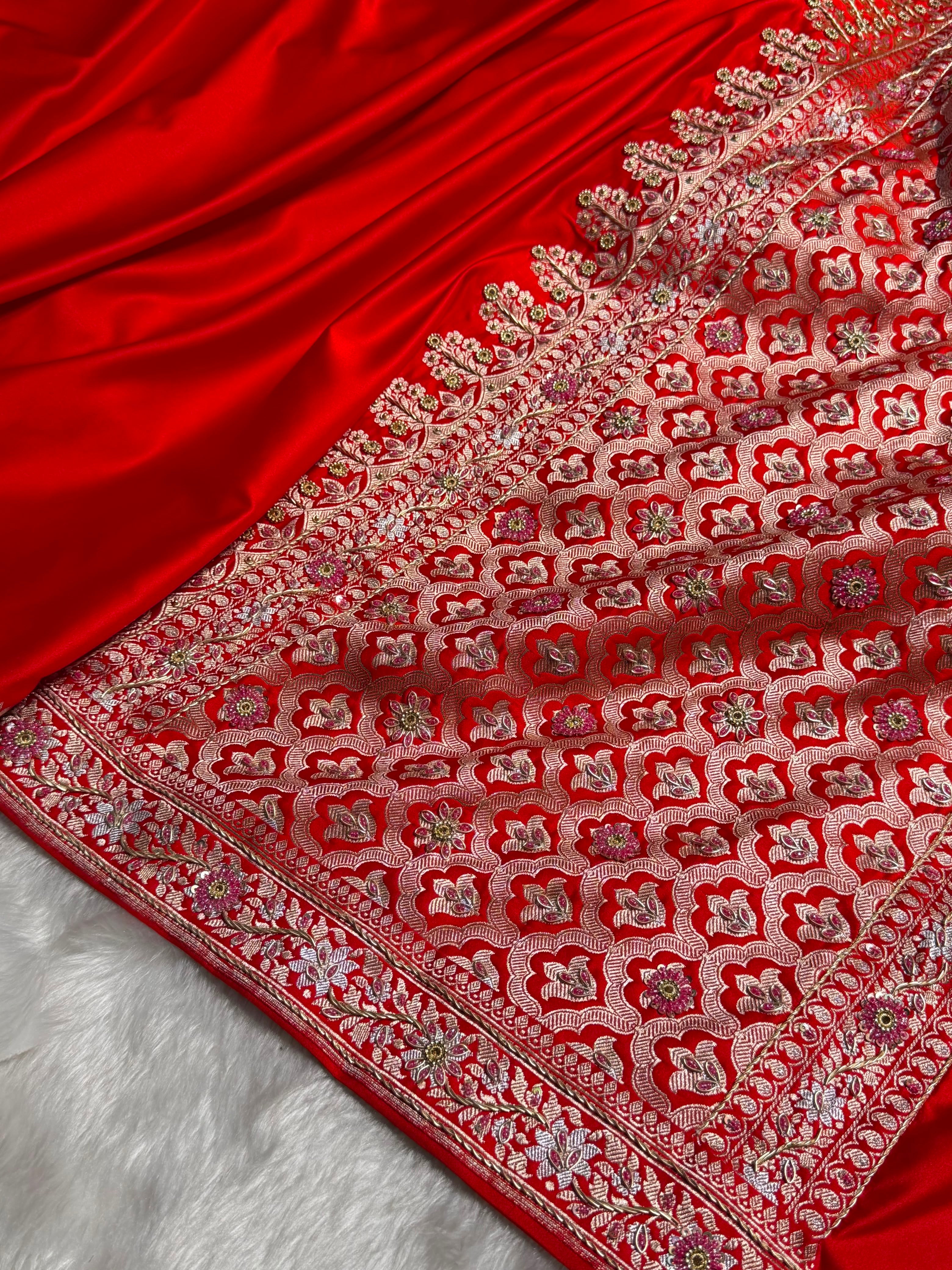 Red Shades Plain Banarasi With Minakari Ari Zardozi Work Floral Border Mashru Silk Saree BMS123