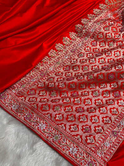 Red Shades Plain Banarasi With Minakari Ari Zardozi Work Floral Border Mashru Silk Saree BMCS123