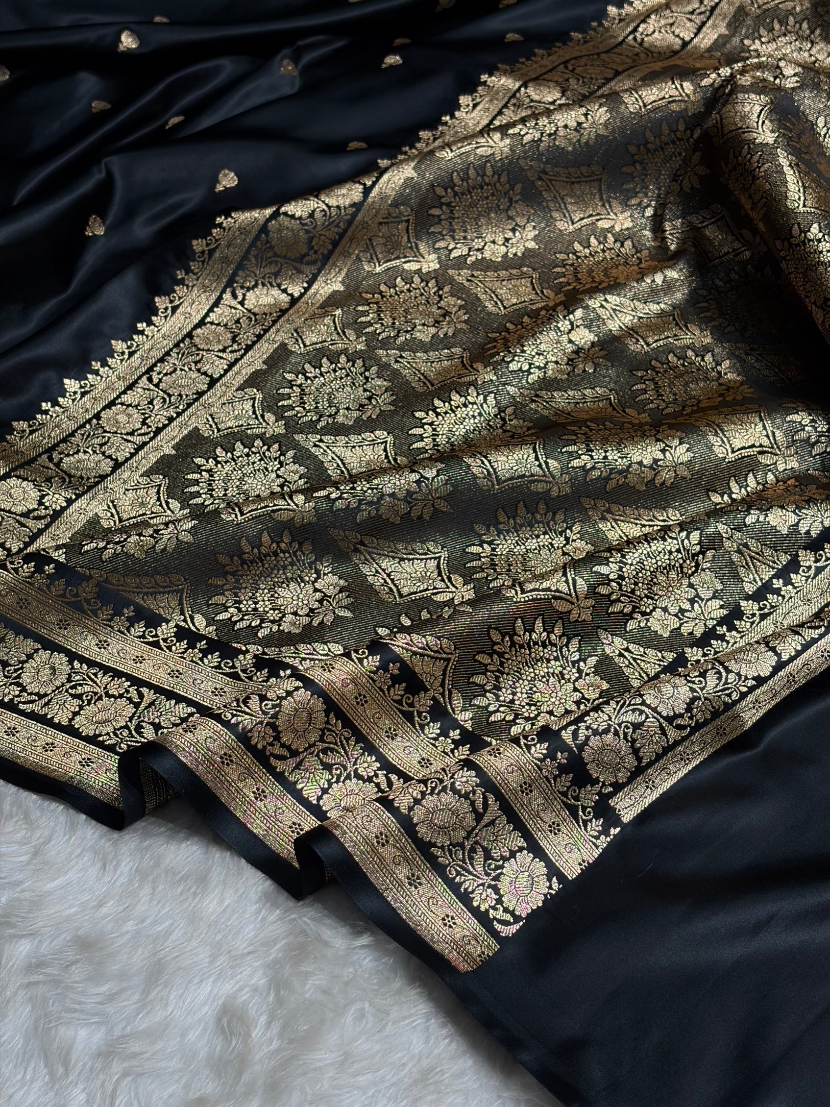 Black Booti Pattern Satin Katan Silk Saree SK66