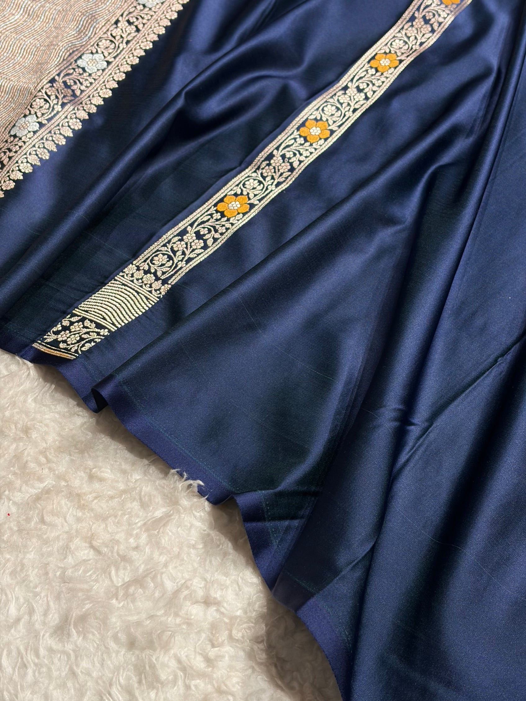 Premium Banarasi Satin Katan Saree Minakari Booti Pattern in Navy Blue Shades SK138
