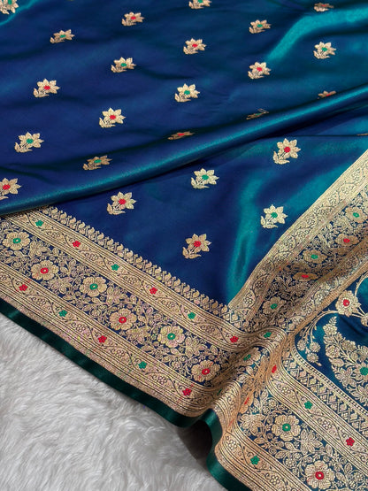 Peacock Shades Minakari Boota Pattern Banarasi Satin Silk Saree SS44