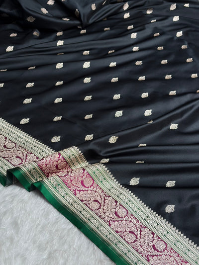 Banarasi Black With Contrast Wine Floral Border Mashru Silk Saree MSM-101