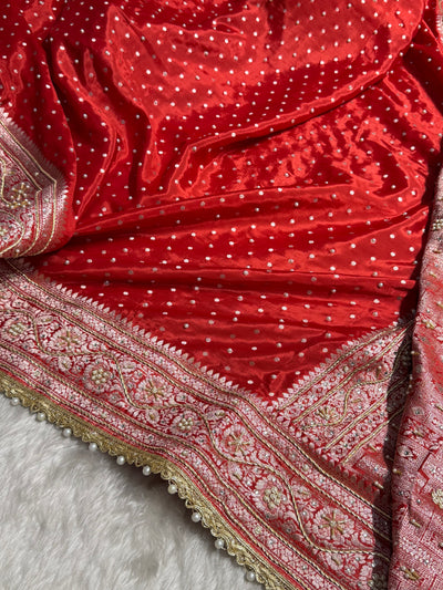 Bridal Red Shades Crepe Silky Katan With Ari Zardozi & Gotta Patti Work  Banarasi Saree BCSKGP-06