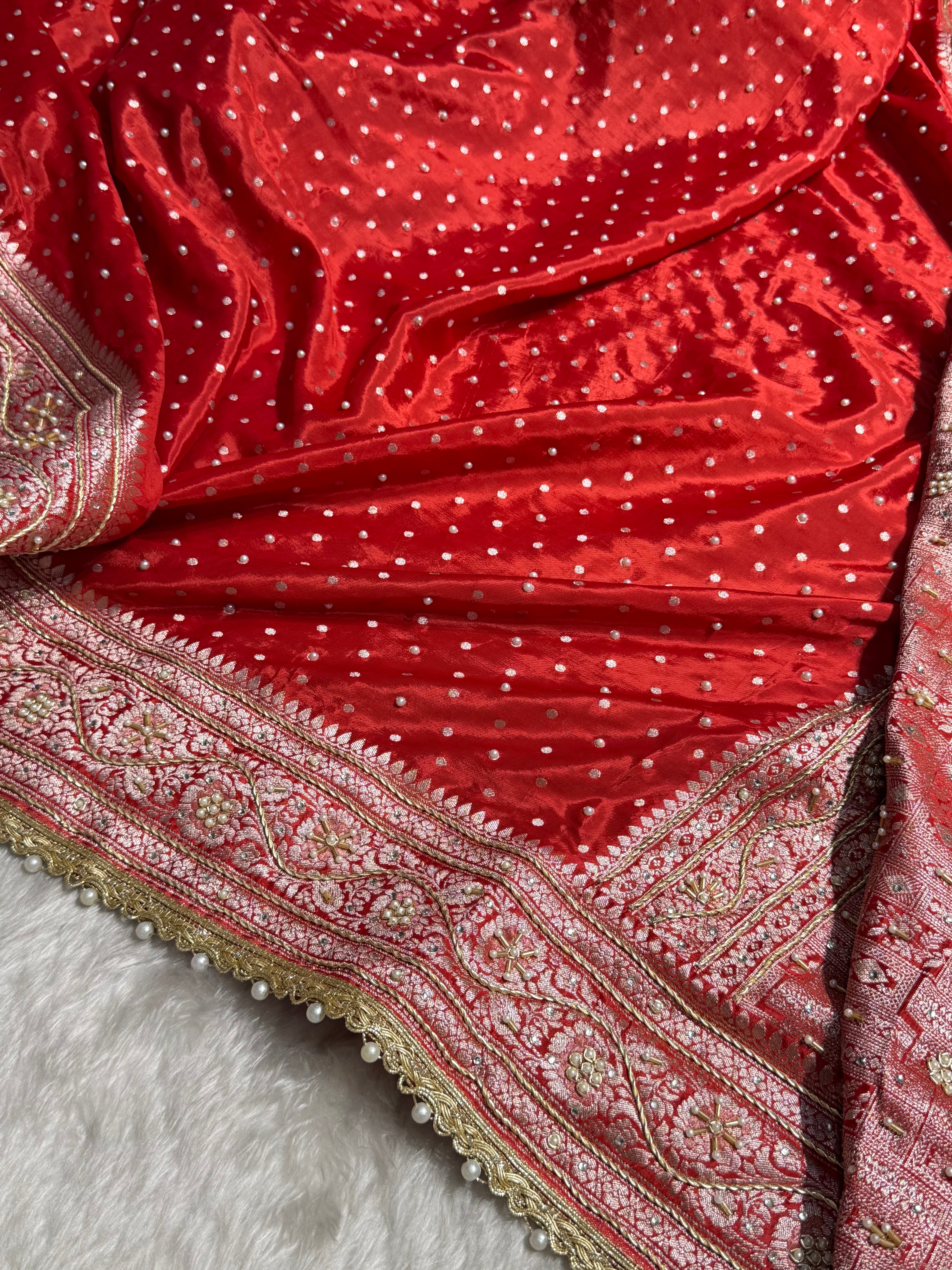 Bridal Red Shades Crepe Silky Katan With Ari Zardozi & Gotta Patti Work  Banarasi Saree BCSKGP-06