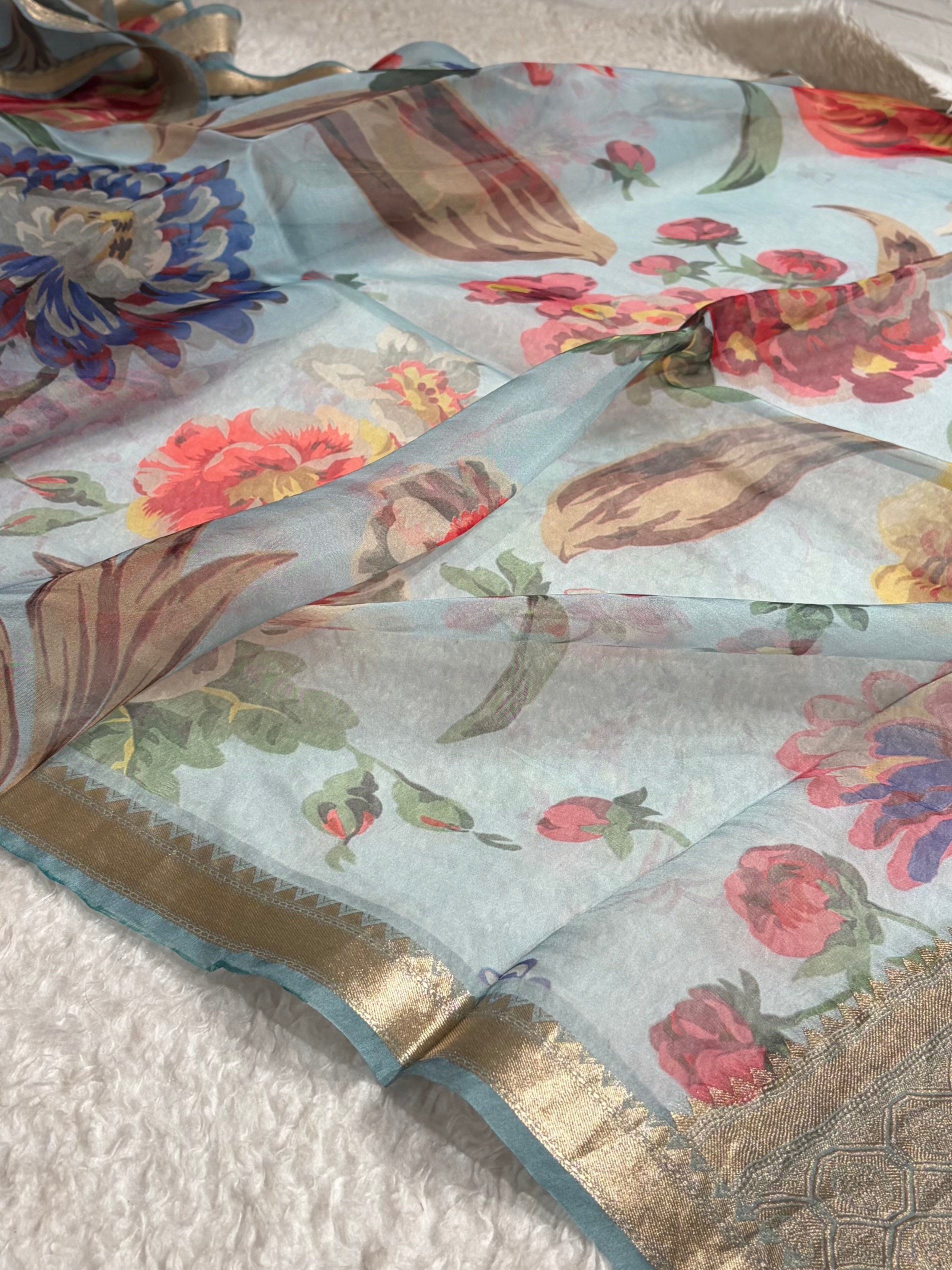 Organza with Pastel Multicolor Florals & Gold Zari Border POP18