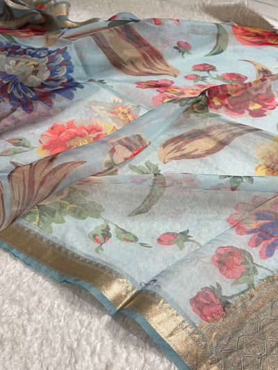 Organza with Pastel Multicolor Florals & Gold Zari Border POP18