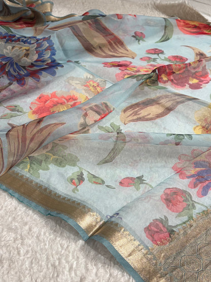 Organza with Pastel Multicolor Florals & Gold Zari Border POP18