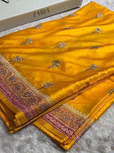 Yellow Shades With Banarasi Swarovski Stone Work Boota Mashru Silk Saree BMCS51