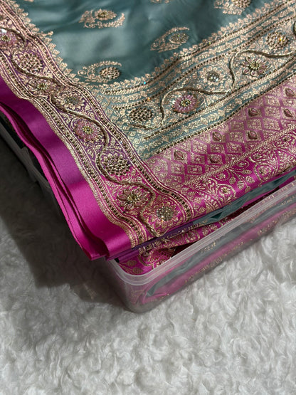 Turquoise with Lavender Floral Boota With Swarovski & Zardozi Work Satin Katan Silk saree BSK27