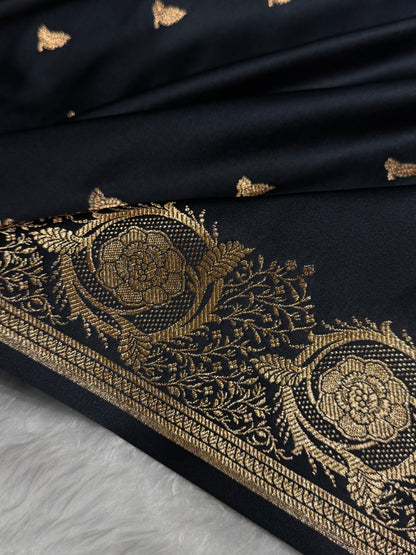 Banarasi Satin Katan Saree With Minakari Boota in Black Shades SK95