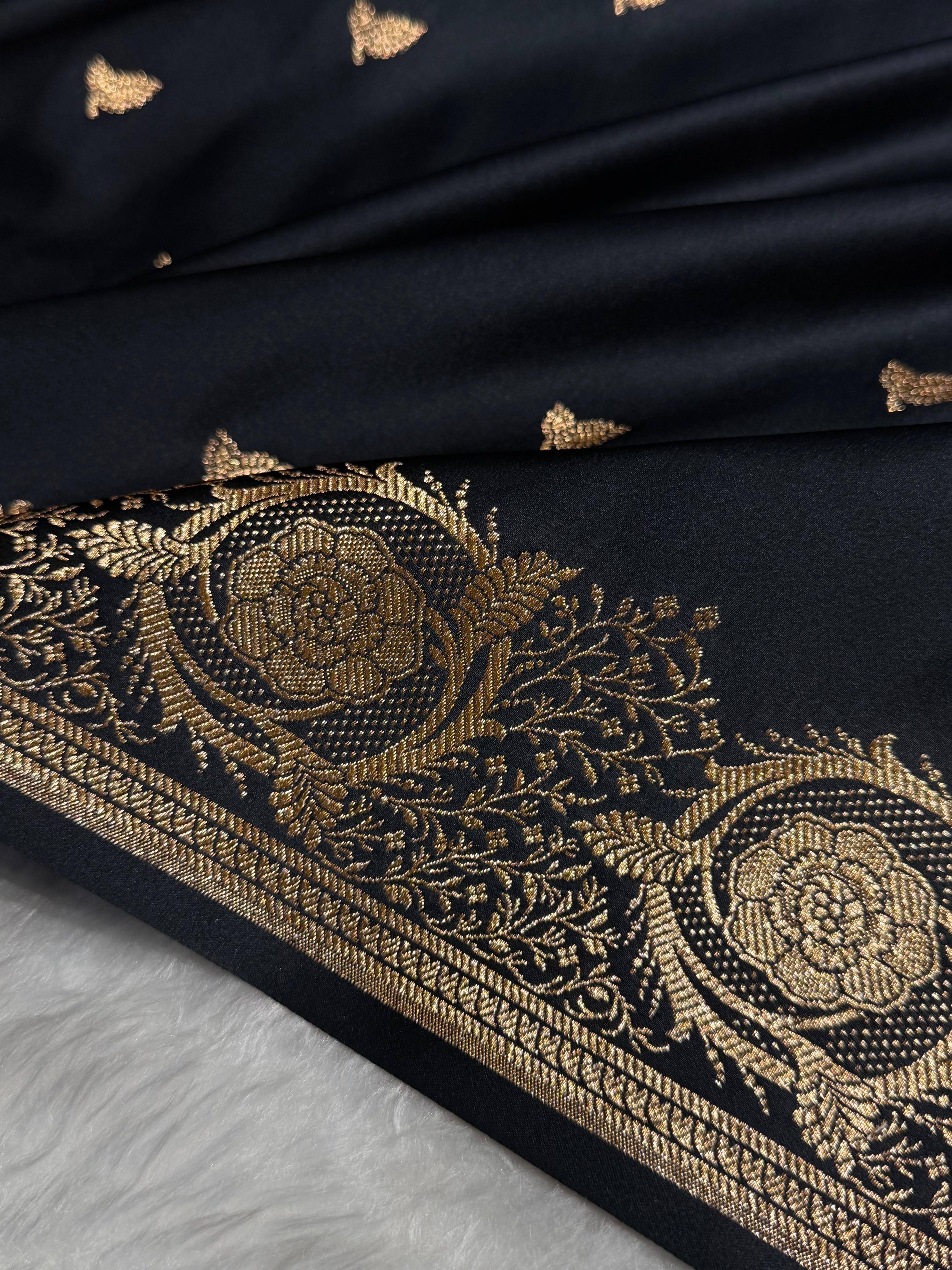 Banarasi Satin Katan Saree With Minakari Boota in Black Shades SK95