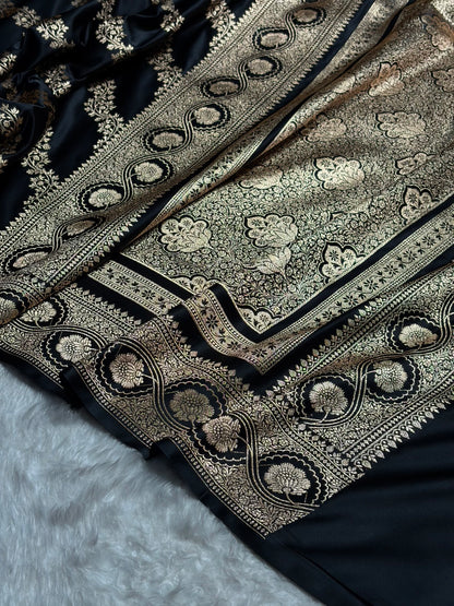 Black Floral Cross Pattern Satin Katan Silk Saree SK74