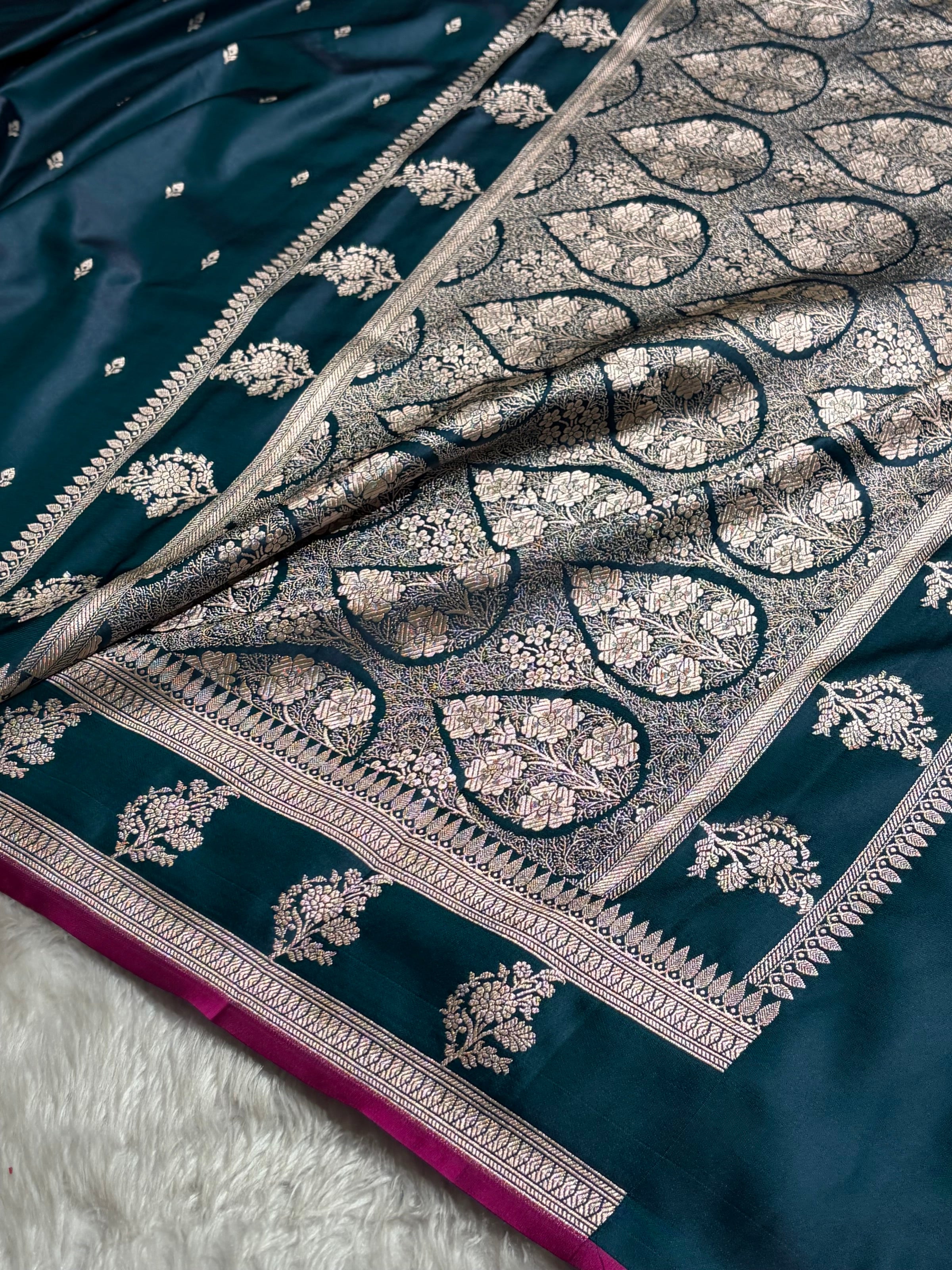 Peacock Shade With Booti Pattern Mashru Silk Saree