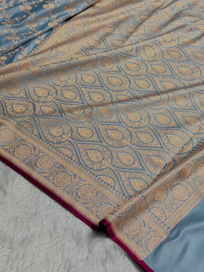 Banarasi Pastel German Blue Shades Cross Satin Katan Silk Saree SK17