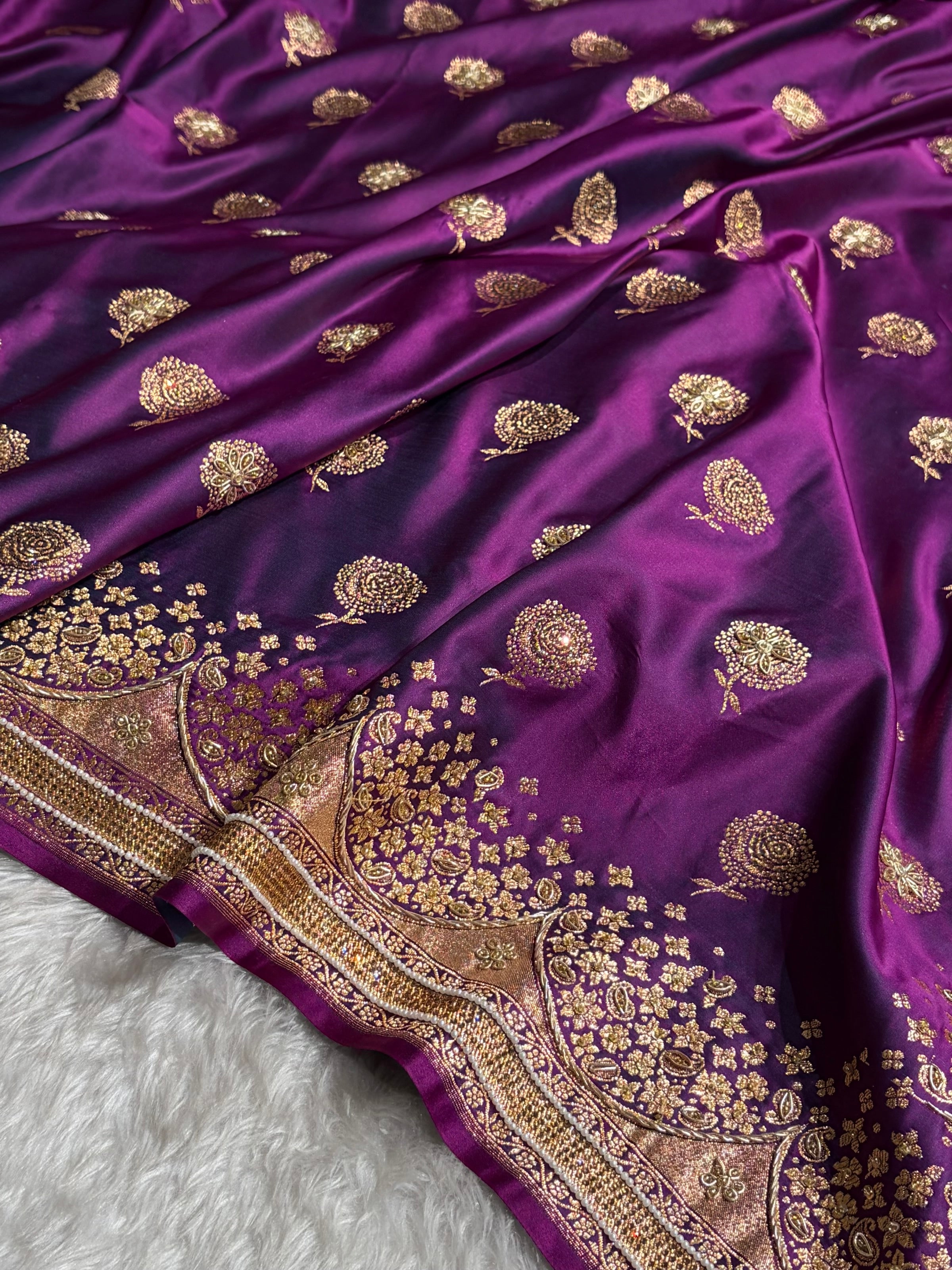 Banarasi Satin Katan Saree With Ari & Zardozi Work Boota in Wine Shades BSK111