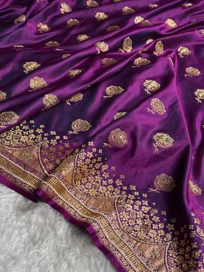Banarasi Satin Katan Saree With Ari & Zardozi Work Boota in Wine Shades BSK111