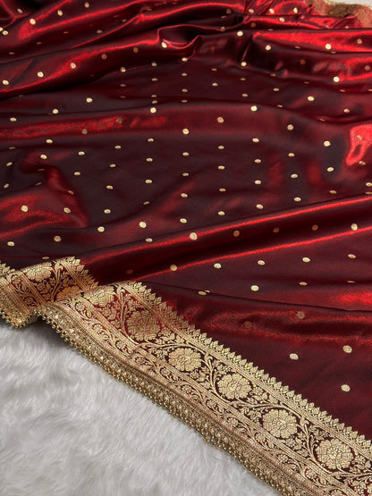 Satin Silk Dot Booti in Maroon Shades With Gotta Patti SSGP08