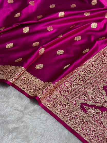 Cross Magenta Booti Pattern Satin Katan Silk Saree SK65
