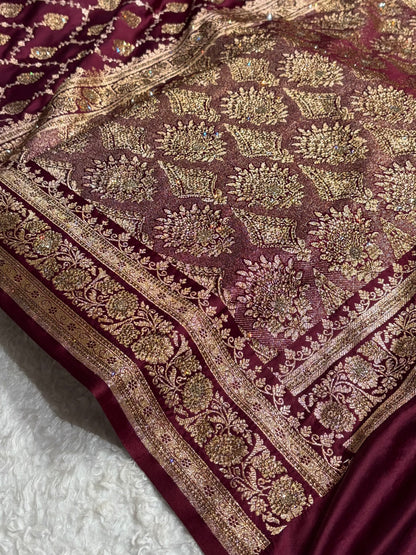 Garnet Floral Jaal Pattern with Sewarovsi Work Satin Katan Silk saree BSK42