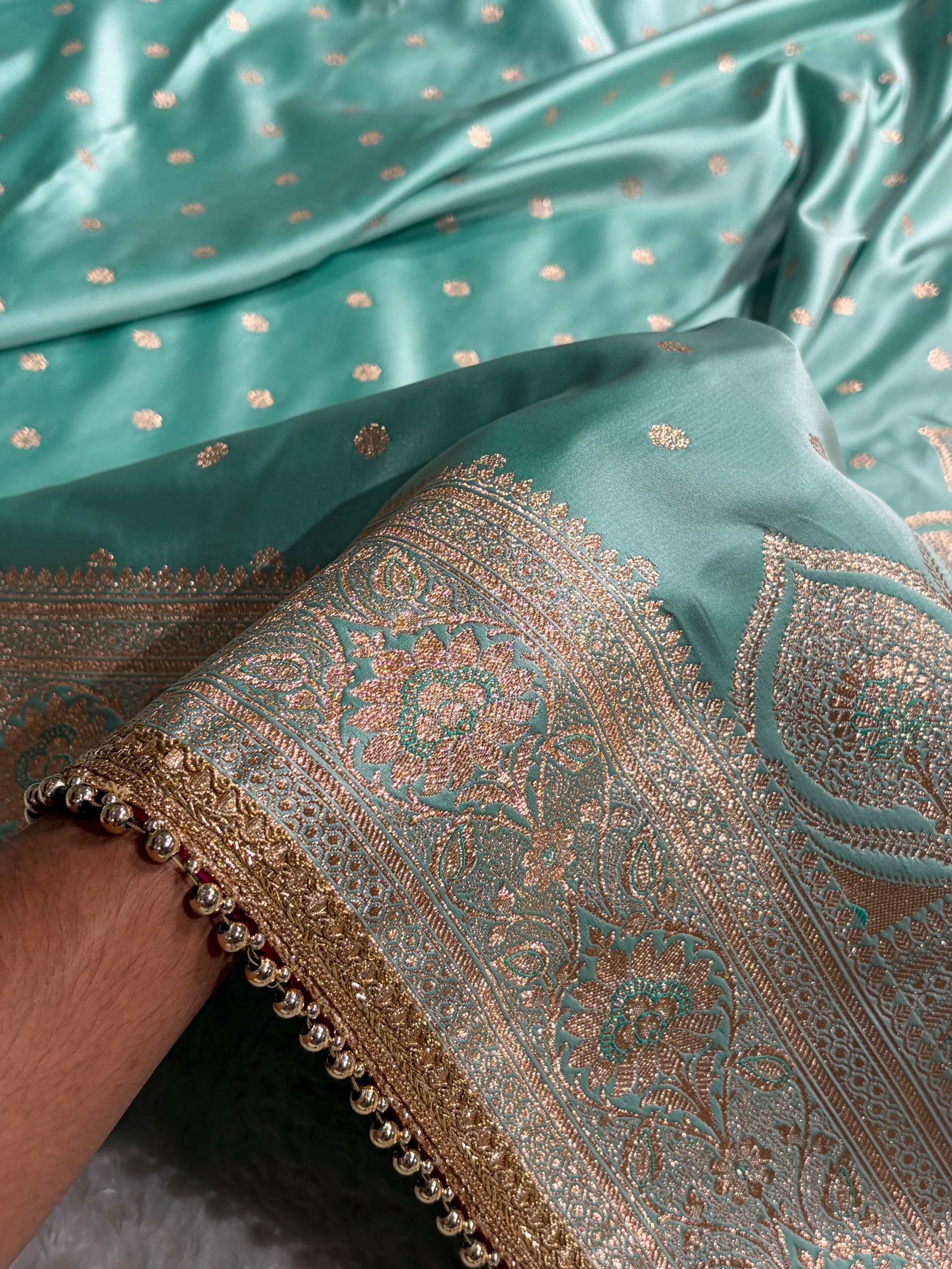 Pastel SeaGreen Satin Katan Silk Saree  With Gotta Patti SKGP11
