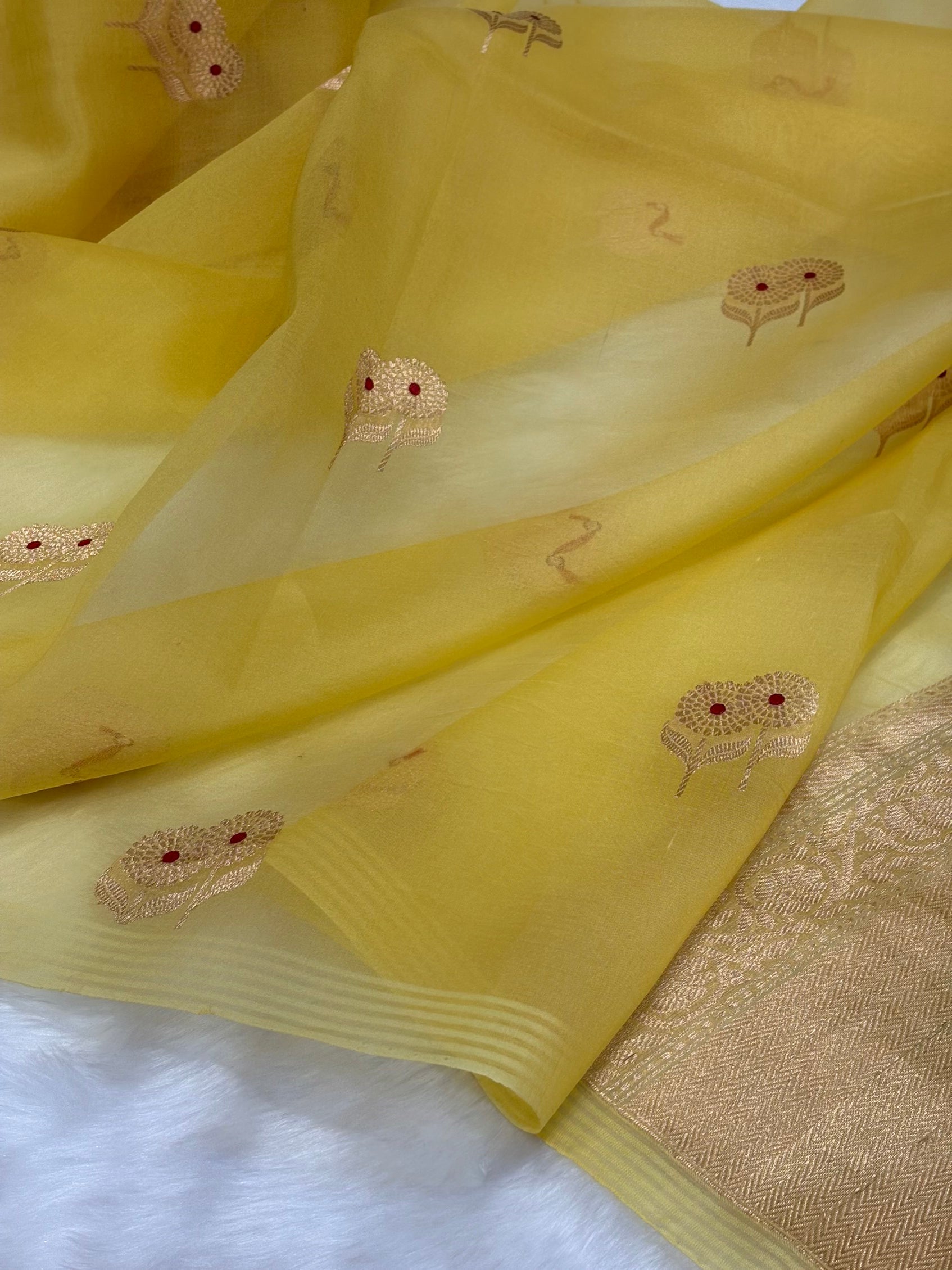 Pure Organza Lemon Meena Floral Banarasi Silk Saree PO-05