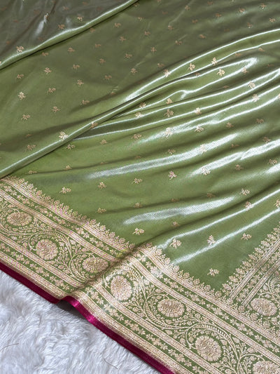 Banarasi Pista Shades Cross Pattern Banarasi Satin Silk Saree SS52
