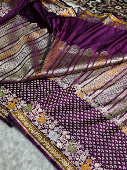 Banarasi Wine Shades Floral Minakari Skirt Border Mashru Silk Saree MSM-83